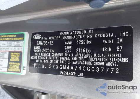 2012 Kia Optima Lx from USA, damaged, VIN 5XXGM4A74CG037772